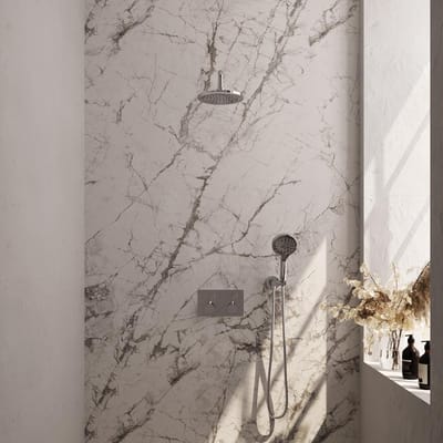 Brauer Chrome Edition Thermostatische Regendoucheset Inbouw - Hoofddouche 20 cm - Gebogen Wandarm - Met Drukknoppen - Handdouche 3 Standen - Doucheslang - Wandaansluitbocht - Chroom