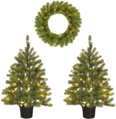 Black Box Trees Nagoya Kerstboom en Kerstkrans Set - 2 Kunstkerstbomen en 1 Krans met LED Verlichting - H90 x Ø45 cm - Groen