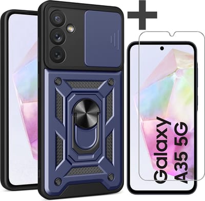 Hoesje met Screenprotector Geschikt voor Samsung Galaxy A35 Met draaibare Ringhouder en camera bescherming - Arara backcover - Blauw