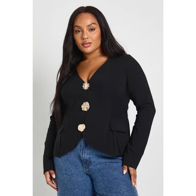 boohoo Dames Plus lange versierde top met knoopsluiting | Zwart | Maat: 44