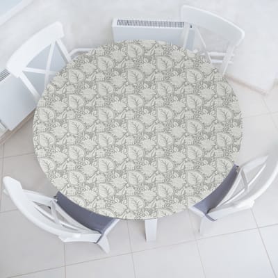 New Bed Grijs Paisley Bloeiende Bloemen Rekbare Ronde Tafellaken, Elastische Stof Tafelhoes rondom 142 cm -152 cm Diameter