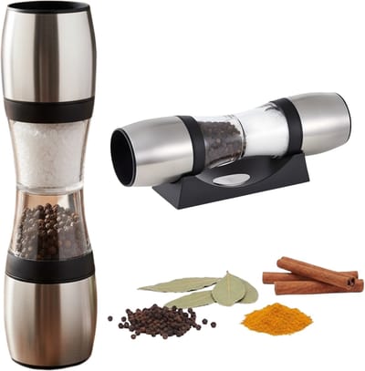Lomera Peper- En Zoutmolen - Rvs Molen - Hervulbare Molen - Keramische Maalschijf - Zwart En Zilver - Met Houder - Dubbele Molen - Kruidenmolen - Peper En Zoutstel - Keukenaccessoire - Stijlvolle Molen - Makkelijk Kruiden