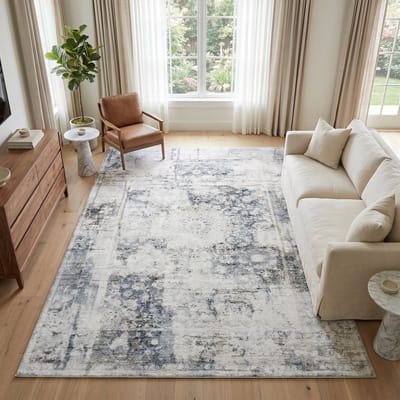 TAPISO Venezia Vloerkleed Woonkamer Laagpolig Blauw Grijs Ornament Abstract Antislip Tapijt Slaapkamer Eetkamer Gang Oeko-Tex 80x150