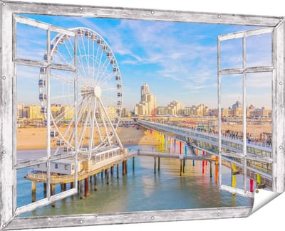 Gards Tuinposter Doorkijk Scheveningen Pier met de Ferris Wheel - Reuzenrad - 180x120 cm - Tuindoek - Tuindecoratie - Wanddecoratie buiten - Tuinschilderij