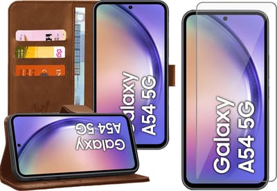 Hoesje geschikt voor Samsung Galaxy A54 - Screen Protector GlassGuard - Book Case Kunstleer Pasjeshouder Bruin & Screenprotector