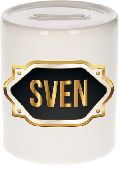 Spaarpot met voornaam Sven - wit - met goud/zwart embleem - 8 x 9 cm - keramiek - met afsluitdop - cadeau verjaardag
