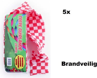 5x Crepe guirlande brandveilig rood/wit geblokt 24meter - BRANDVEILIG - Carnaval Brabant thema feest festival versiering