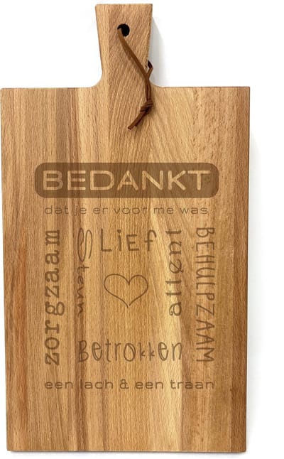 Stoer landelijk snijplankje-borrelplankje met tekst gravure BEDANKT dat je er voor me was. Een origineel cadeau om iemand persoonlijk te bedanken. Het formaat is 20x30cm excl. handvat.