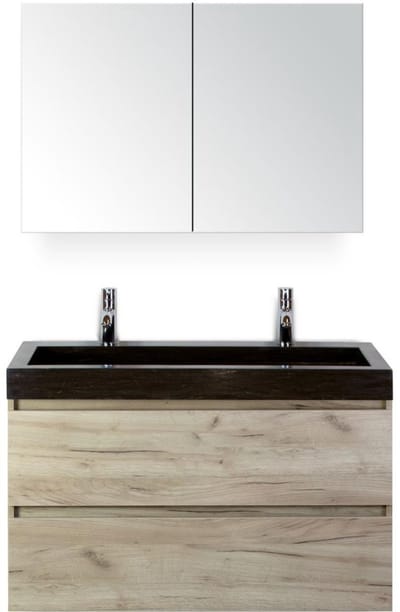 Maxx XL Badmeubelset 100 cm - Craft Oak - Wastafel Lucca 2 Kraangaten met Spiegelkast