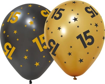 6 Ballonnen 12" 3 met goud / 3 zwart 15 jaar Golden Celebrations - Versiering Slinger Feestdecoratie Decoratie Verjaardag Jubileum Ballon Feest
