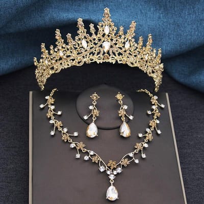 3-delige Sets Prinsessenkroon Bruids Sieraden Sets voor Vrouwen Tiara's en Choker Ketting Oorbellen Bruidsjurk Bruid Sieraden Set beige