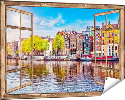 Gards Tuinposter Doorkijk Amsterdamse Huisjes aan het Water - 120x80 cm - Tuindoek - Tuindecoratie - Wanddecoratie buiten - Tuinschilderij