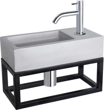 Differnz Ravo fonteinset - 38.5x18.5x25cm - Rechthoek - 1 kraangat - Gebogen chromen kraan - met zwart frame - beton lichtgrijs
