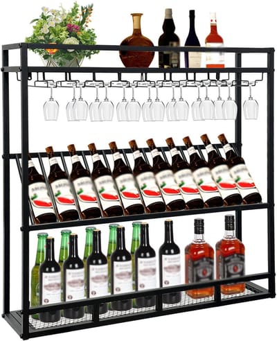 Plafondwijnrek, hangend wijnglas, decoratief rek, instelbare hoogte, metaal, industriële wijnflessenopslagstang met plank, voor barkeuken en restaurant, wijnkelder (zwart, 140 cm)