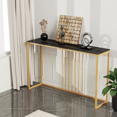 FATIVO Consoletafel marmerlook- Haltafel - Wandtafel - Metalen frame - Zwart & goud - 120x30x78,5cm - Voor Hal, Woonkamer