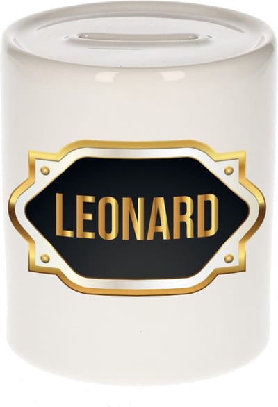 Spaarpot met voornaam Leonard - wit - met goud/zwart embleem - 8 x 9 cm - keramiek - met afsluitdop - cadeau verjaardag