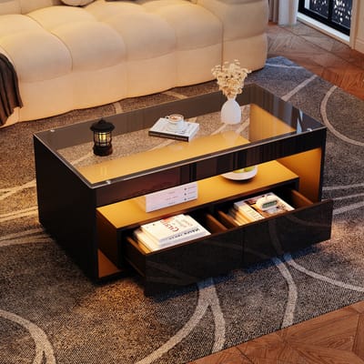 LED Salontafel - 100 x 50 x 35 cm - Dubbellaags met LED Licht en 2 Lades - Hoogglans Zwart - Glas - Zwart
