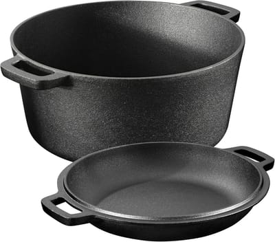 Gietijzeren Pan - Stoofpan Deksel - Koken Bakken - Twee In Een - 4.7 Liter - Zwart