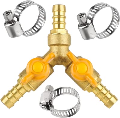 3-way slangconnector met afsluiter, waterdistributeur en messing aansluiting, inclusief 3 slangklemmen voor 10-11 mm slang