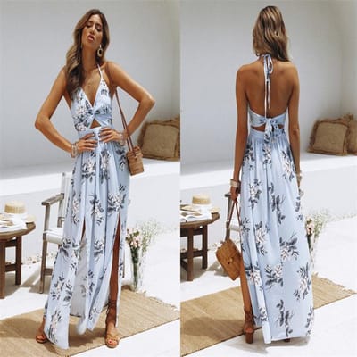 Mode zomer vrouw sexy print split vooraan halter boog vrouwelijke jurk S blauw