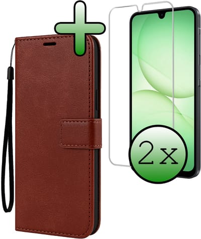 Hoesje Met 2x Screenprotector - Geschikt voor Samsung Galaxy A17 - Luxe Pasjeshouder - Bookcase Portemonee - Flip Case - Kunstleer Book Case - Flipcase Hoes - Book Cover - Walletcase - Portemonneehoes - Bruin