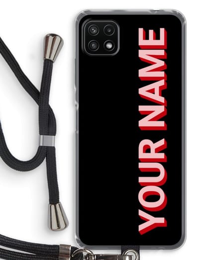 Gepersonaliseerd - Case Company® - Hoesje met koord geschikt voor Samsung Galaxy A22 5G hoesje met Koord - Namecase - Telefoonhoesje met Zwart Koord - Bescherming aan alle Kanten en Over de Schermrand