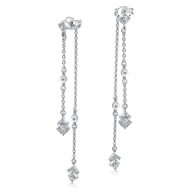 Joy|S - Zilveren oorbellen met kettinkjes - stud - ruit hanger - zirkonia - 8 cm - 925 zilver