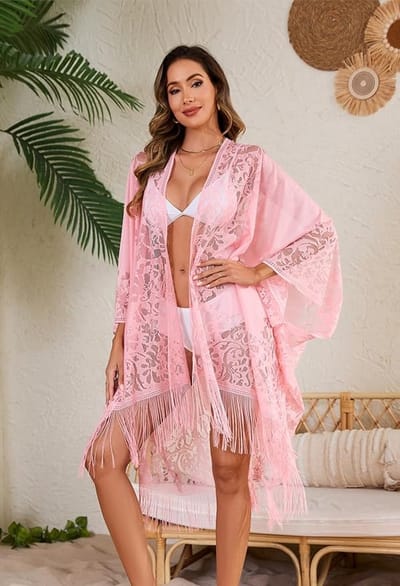 Sexy Elegante Kant Kimono Strand Cover-up voor Dames, Badpak Cover-up, Zwemkleding Omslagdoek voor Vakantie, Zwemba