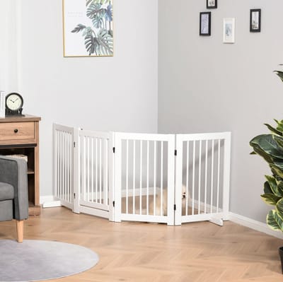 Hondenhek Opvouwbaar – 220 x 91 cm – Massief Grenenhout – Wit – Vrijstaand 4-Delig Met Deur En 2 Steunvoeten Voor Hal Keuken Trap