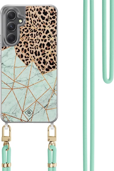 Casimoda® hoesje met koord - Geschikt voor Samsung A34 - Luipaard Marmer Mint - Afneembaar koord - TPU/polycarbonaat - Mint