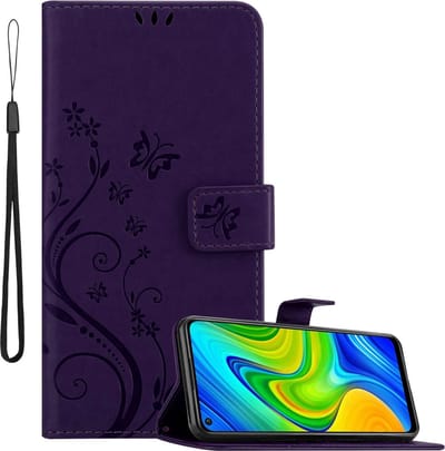 Cadorabo Hoesje geschikt voor Xiaomi RedMi NOTE 9 in BLOEMEN DONKER PAARS - Beschermhoes in bloemmotief met magnetische sluiting, standfunctie en kaartsleuven Book Case Cover Etui