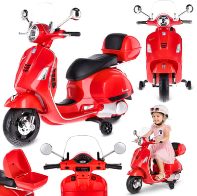 Vespa Elektrische Kinderscooter, kindermotorfiets met plastic wielen en stoel, kofferbak, MP3-speler, USD MicroSD AUX-aansluiting (Rood)