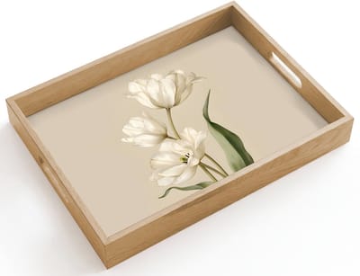 Dienblad hout 40x30 cm - Schootdienblad - Tulpen - Wit - Bladeren - Borrelplank rechthoek - Plateau dienbladen