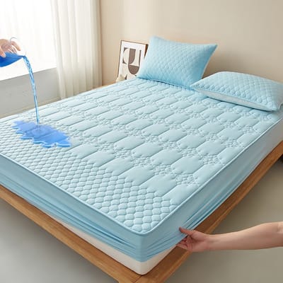 Matrashoes + 2 kussenslopen, TPU-laag voor waterdicht en ademend gebruik, geschikt voor matrassen tot 28 cm dik,Ruit - Lichtblauw,200*200cm+kussensloop 48*74cm