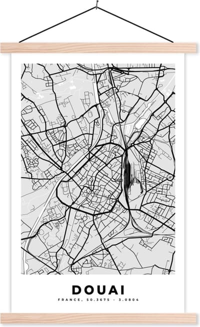 Posterhanger incl. Poster 40x60 cm - Schoolplaat - Douai – Plattegrond – Frankrijk – Kaart – Stadskaart - Textielposter - Blanke latten - Stadskaart