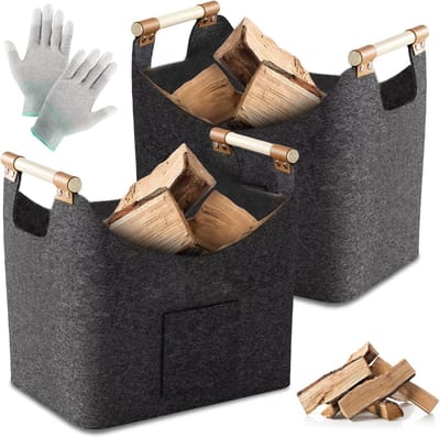 XXL Houten Haardhoutmand Set van 2 - Grote en Opvouwbare Vilten Opbergtas met Handvatten en Handschoenen