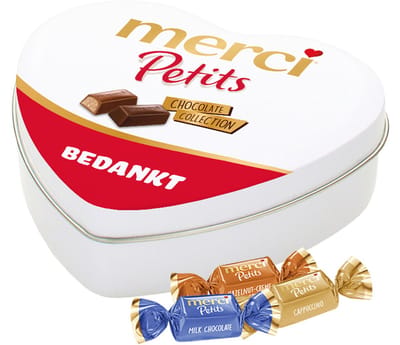merci Petits 115g "Bedankt" - Geschenkdoos hartje met mix van individueel verpakte mini chocolaatjes - Chocolade cadeau - Chocolade mix in tinbox