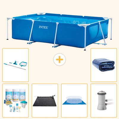 Intex Rechthoekig Frame Zwembad - 300 x 200 x 75 cm - Blauw - Inclusief Onderhoudspakket - Solar Mat - Grondzeil - Zwembadfilterpomp - Schoonmaakset - Solarzeil - 7-delig