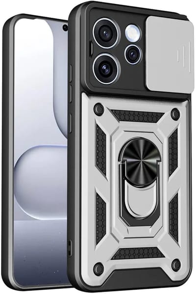 MobyDefend Hoesje - Geschikt voor Oppo Reno15 F / Oppo Reno15 FS - Pantsercase Met Draaibare Ring - Zilvergrijs