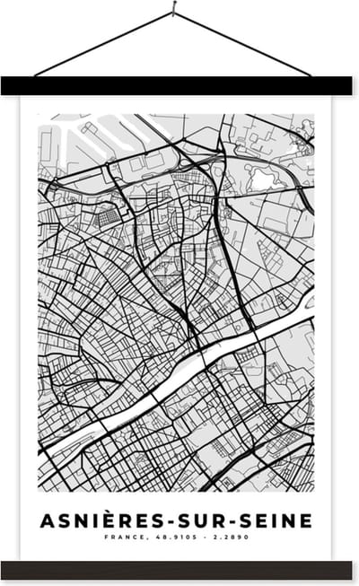 Posterhanger incl. Poster 40x60 cm - Schoolplaat - Asnières-sur-Seine - Plattegrond - Frankrijk - Kaart - Stadskaart - Textielposter - Zwarte latten - Stadskaart