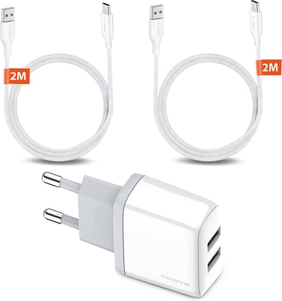 Oplader 2 Poorten met USB-C Kabels - 2 Meter - Universeel voor o.a Telefoon, Oortjes, Koptelefoon etc.