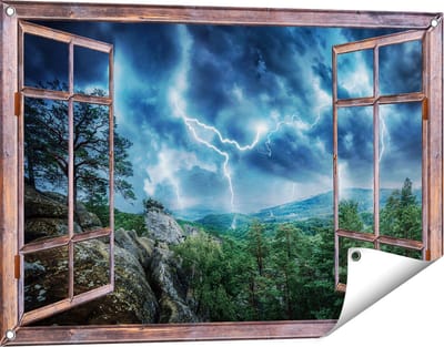 Gards Tuinposter Doorkijk Onweer in het Bos - Bliksem - 90x60 cm - Tuindoek - Tuindecoratie - Wanddecoratie buiten - Tuinschilderij