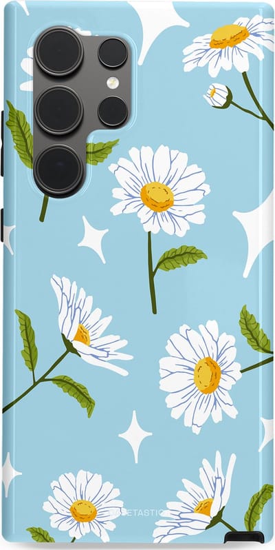 Casetastic hoesje geschikt voor Samsung Galaxy S24 Ultra - Dubbellaagse bescherming - Margrietjes in de Wind - Fashion Case - Lichtblauw Wit Groen