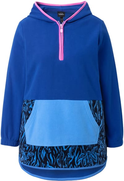 Ulla Popken - Dames - Lange fleecehoodie colorblocking capuchon lange mouwen - Jeans blauw - Maat 42+