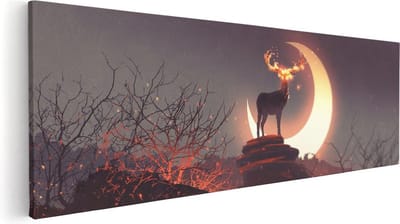 Artaza Canvas Schilderij Hertenkop Met Gewei - 60x20 cm - Muurdecoratie Vuur - Wanddecoratie Maan - Schilderijen Op Canvas