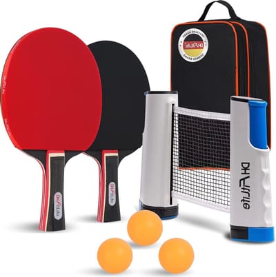 Tafeltennisset met uittrekbaar mobiel net - voor 2 spelers - 3 ballen - opbergtas - batjes
