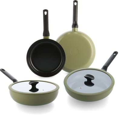 BK Enjoy Pannenset 4-delig - 24/28cm - 3.4/4.2L - PFAS-vrije antikleeflaag - Pannenset inductie - Keramische pan - Ovenbestendig tot 160°C - Koudgrepen - Met glazen deksel - Olijfgroen