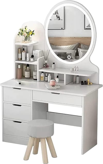 Kaptafel met kruk - Make-up meubel - Dagelijkse styling - 3-kleuren LED spiegel - 80x40x140cm - Geel