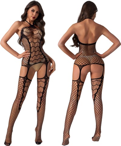 Elana - Noctelle - Bodystocking Erotische Lingerie met Open Kruis - Catsuit - S t/m XL - Sexy Dames Lingerie - Zwart