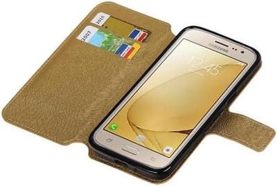 Cross Pattern TPU Bookstyle Hoesje - Wallet Case Telefoonhoesje - Geschikt voor Samsung Galaxy J2 (2016) Goud
